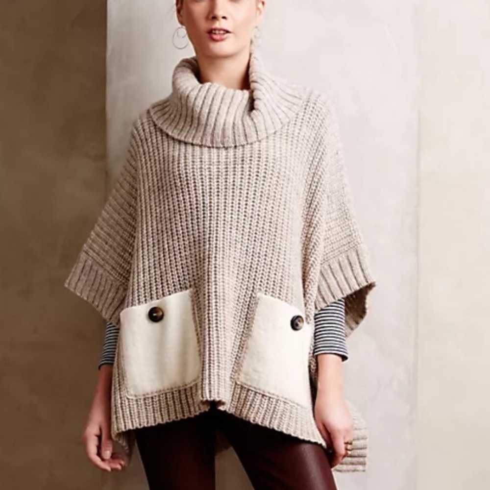 Moth Westwind Wool Alpaca Oatmeal Knit Poncho Sweaters with Pockets